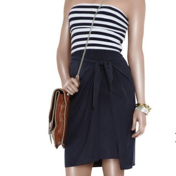 DKNY Strapless Navy Striped-Bodice Dress - Picture 1 of 15